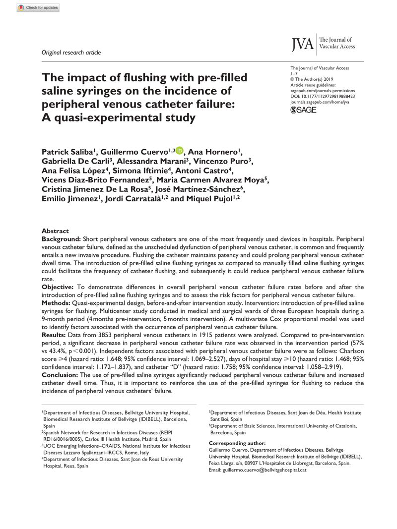 1. The impact of flushing with pre-filled saline syringes on the incidence of peripheral venous catheter failure: A quasi-experimental study