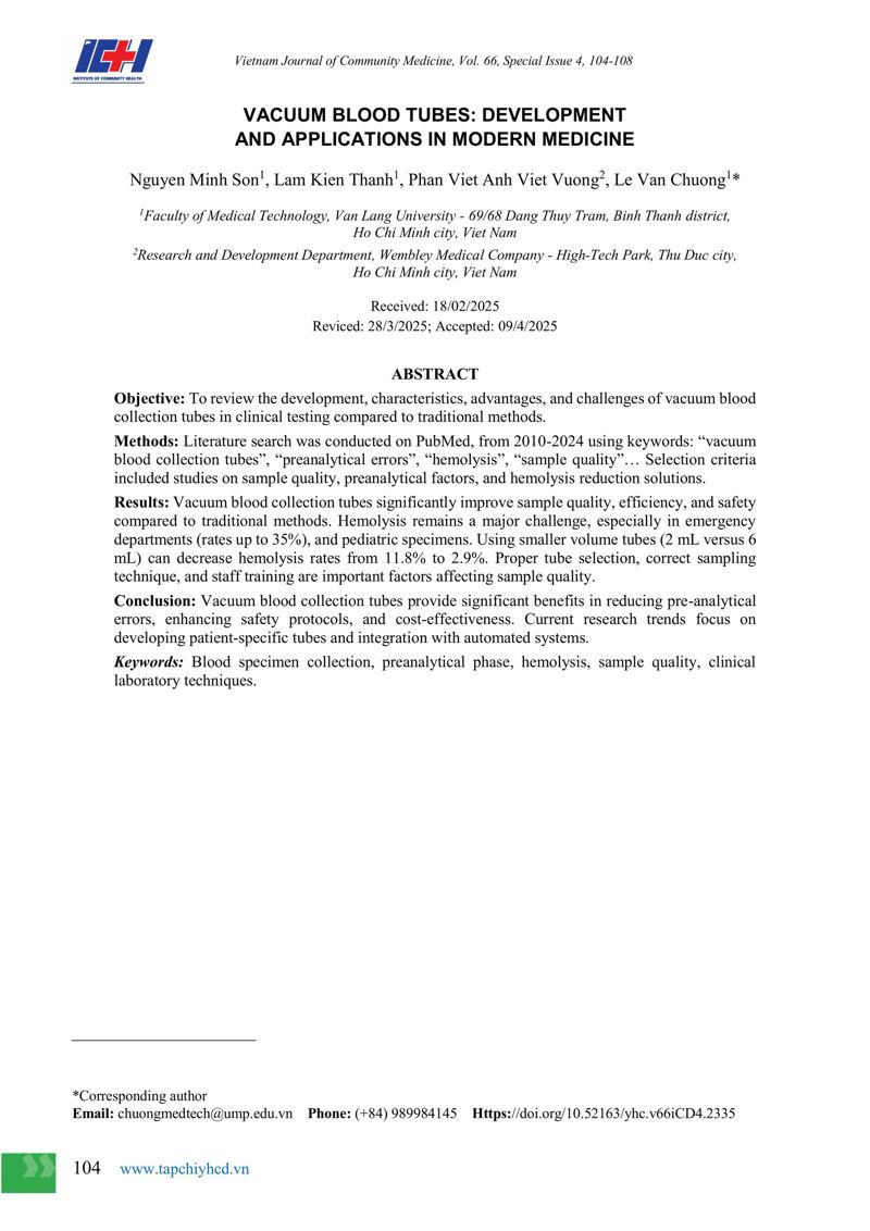 1. Study Summary: “Vacuum Blood Collection Tubes: Development and Applications in Modern Medicine”